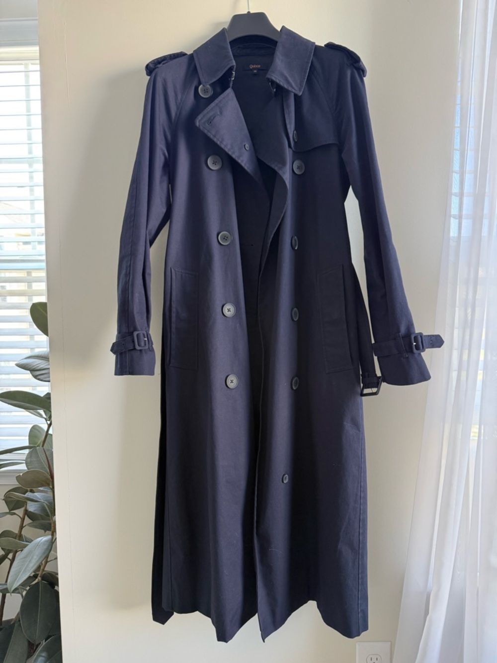 Quince Navy Double-Breasted Comfort Stretch Trench Coat